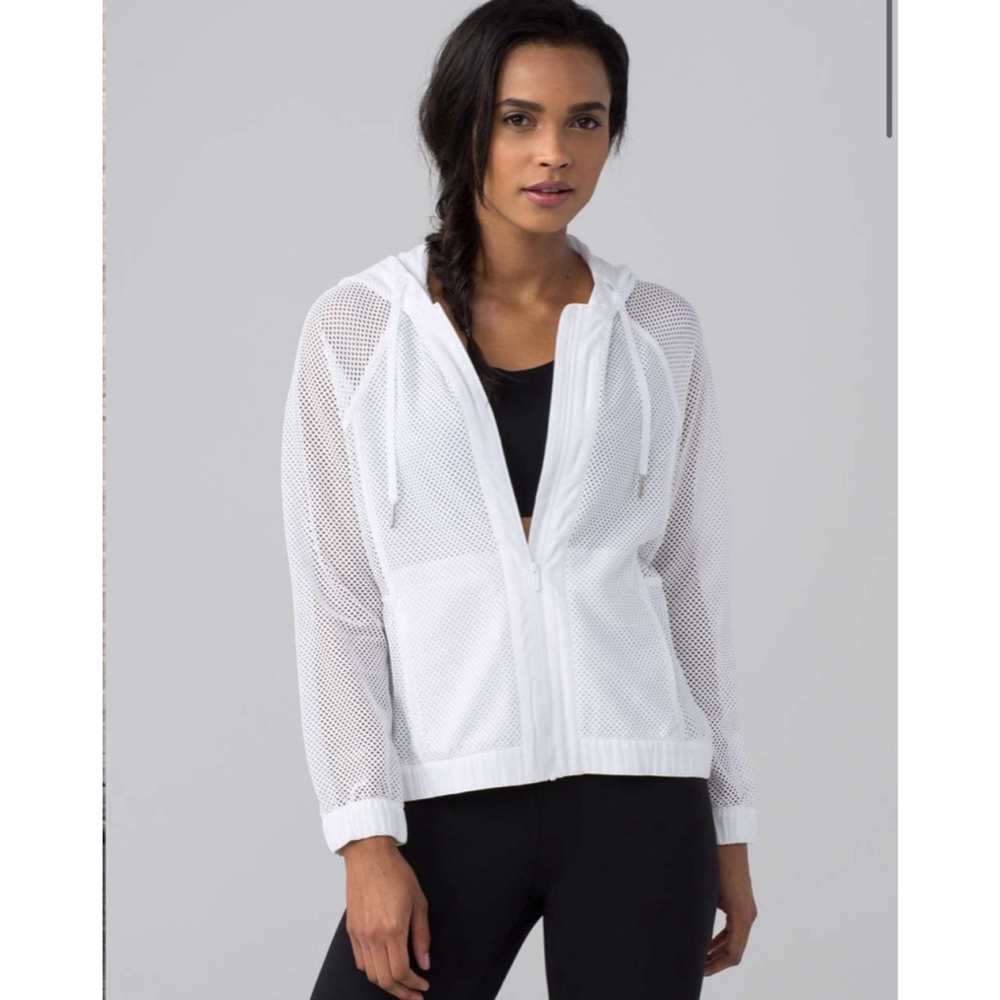 Lululemon White Mesh Hooded Jacket Size 8 Medium Full Zip Pockets